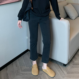 黑色修身显瘦大码牛仔裤女2024秋季梨型身材胖mm松紧腰微喇九分裤