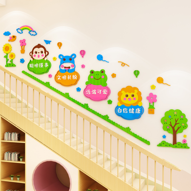 幼儿园楼梯墙面装饰卡通3d立体墙贴画走廊大厅环创主题墙环境布置图片