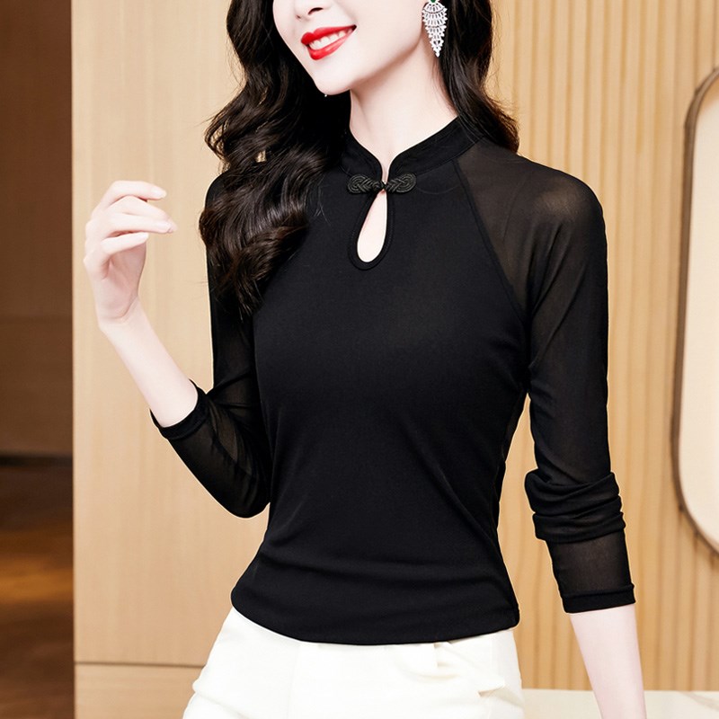 新中式复古网纱打底衫女秋冬内搭蕾丝小衫国风旗袍领长袖t恤上衣