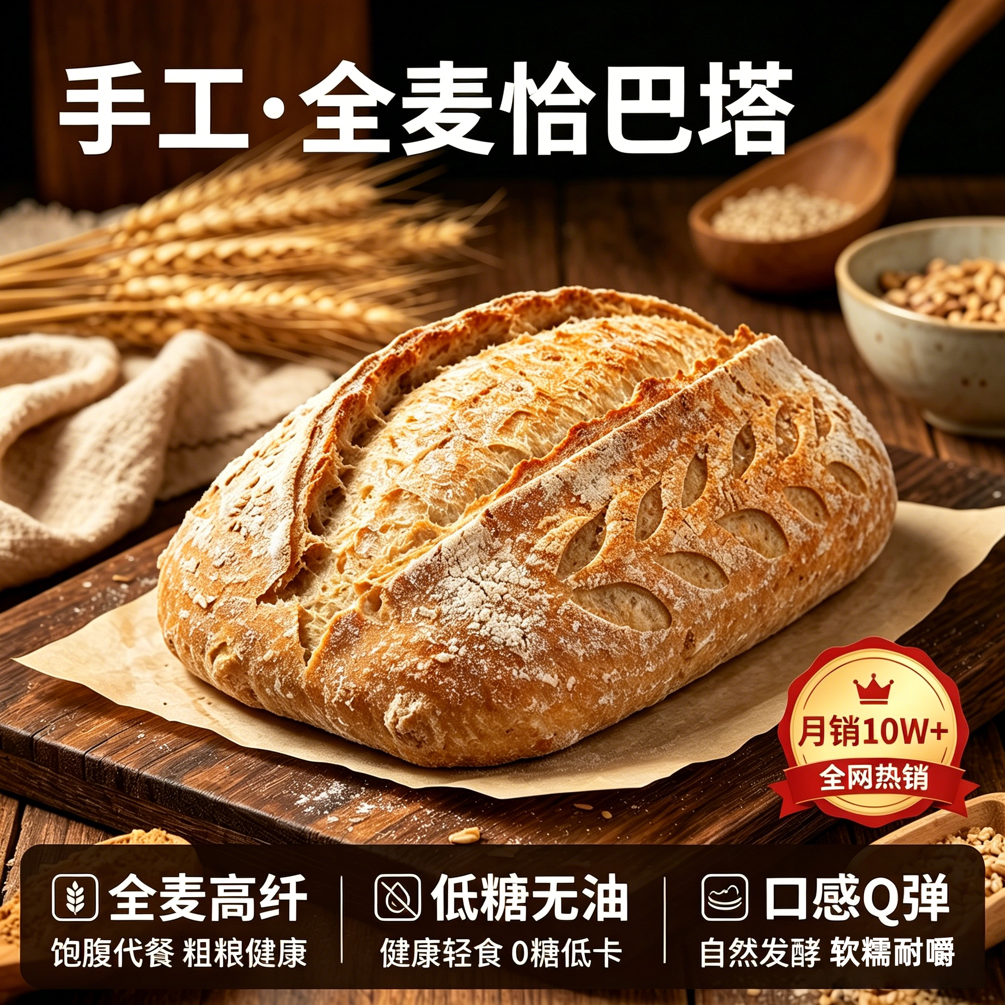 央妈推荐！全麦恰巴塔面包无添加早餐食品速食抗饿主食咸味面包