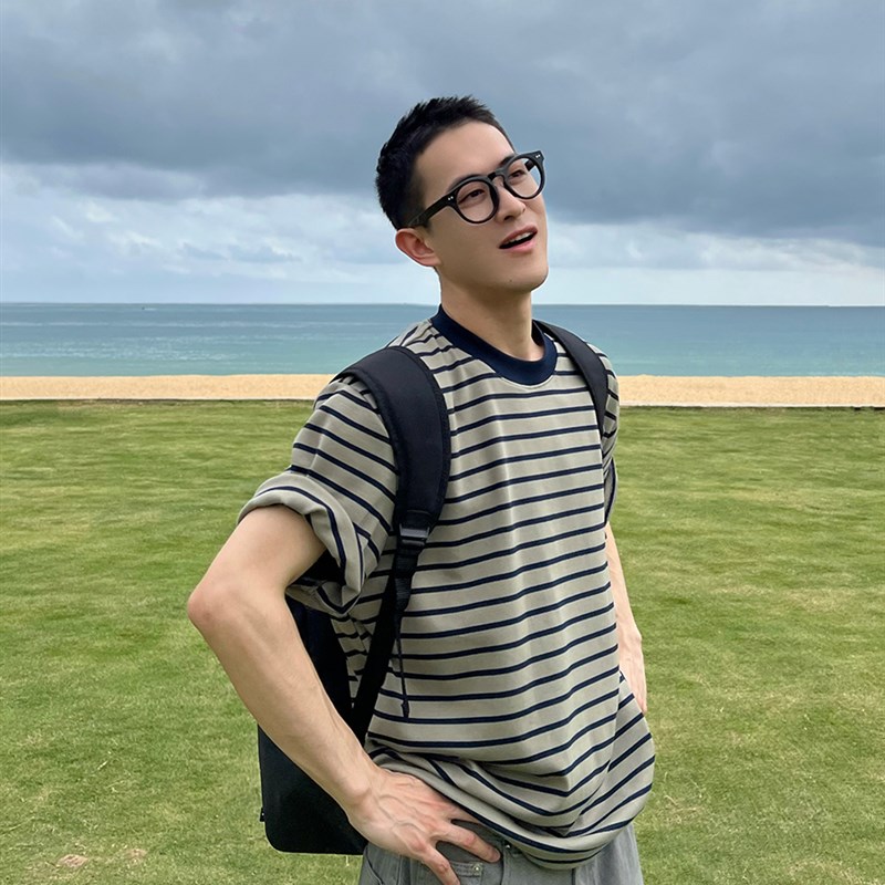 美式复古条纹短袖T恤男夏季20z24新款休闲宽松半袖圆领百搭打底衫