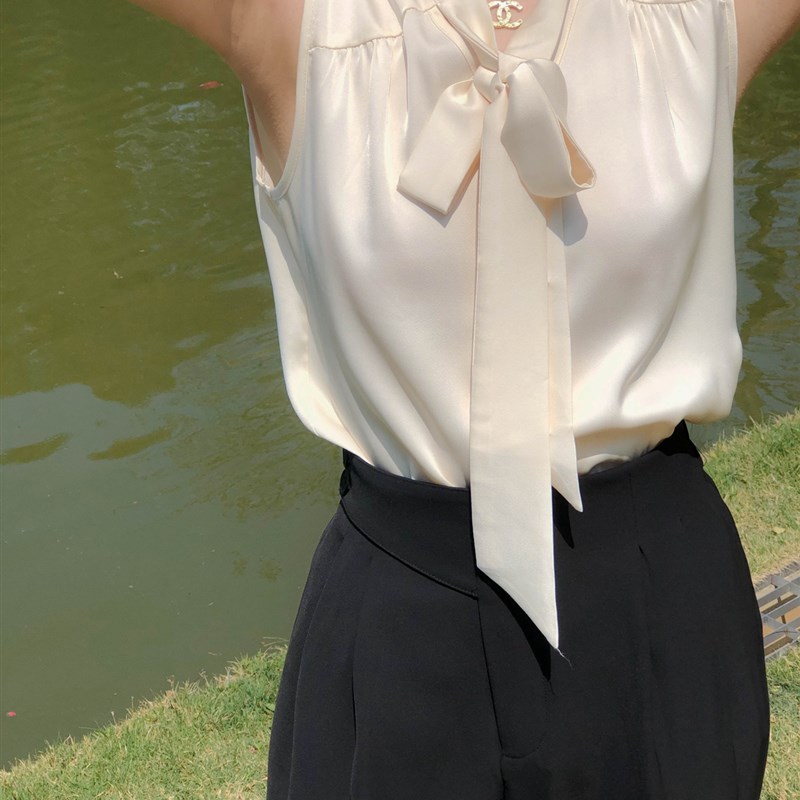法式飘带醋酸缎无袖v领衬衫w外穿背心通勤西装内搭宽松打底衫上衣