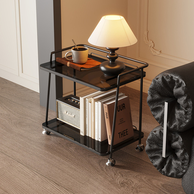 中古风轻奢高级感可移动小推车边几客厅复古推拉玻璃小茶几置物架