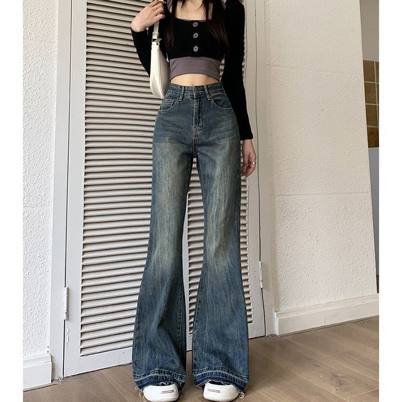 300斤胖mm大码女装弹力微喇加绒牛仔裤女L加厚梨形显瘦复古阔腿裤