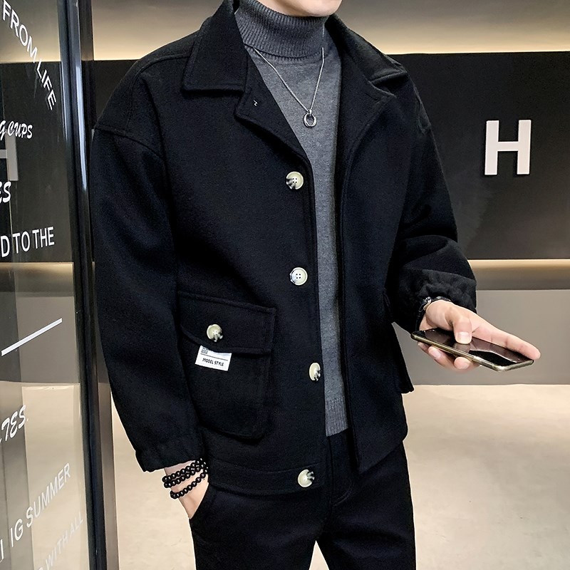 毛呢外套秋冬季2024新款男夹克翻领休I闲修身潮流短款毛呢大衣青