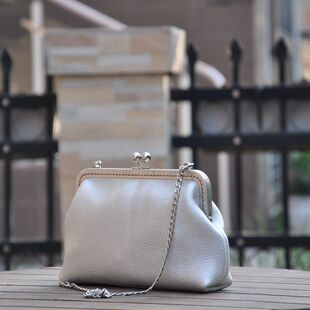 宅心自制手工20cm真皮头层牛皮单肩斜挎手提休闲夹子链条口金女包