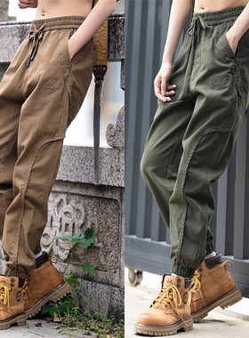 17188复古做旧松紧腰弹N力束脚工装休闲裤