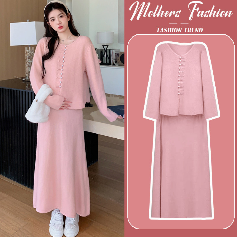 孕妇连衣裙套装秋冬2024新款新中式国风针织毛衣上衣半身裙两件套