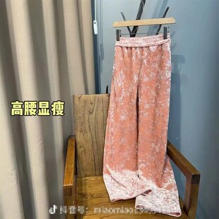 国风提Z花丝绒长 秋冬季 松紧腰加绒加厚阔腿裤 宽松直筒裤 子新中式