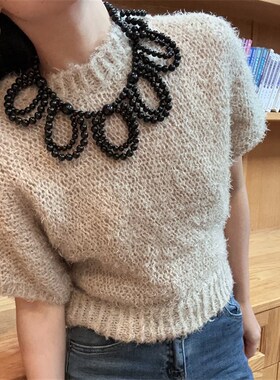 俏皮女孩~黑色串珠大花瓣黑色少女可爱气质项链颈链