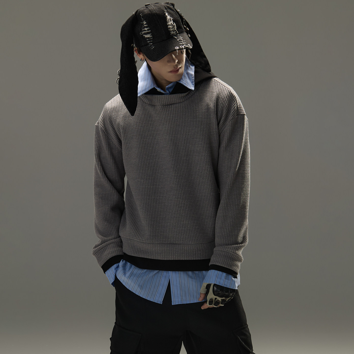 GALAXOR 假两件撞色毛衣上衣拼接条纹衬衫连帽套头卫衣针织衫男女,男装,针织衫/毛衣,淘宝优惠券,粉丝福利购,淘宝优惠卷