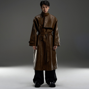 GALAXOR银河预报 解构分割廓形长款风衣百搭立体拼接PU皮大衣外套