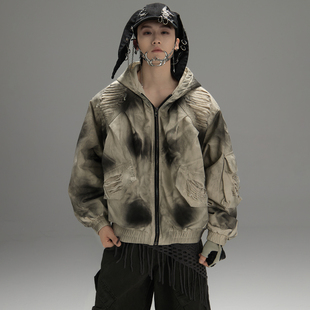 GALAXOR 小众复古废土风脏染棉服外套做旧水洗破坏设计夹克上衣男