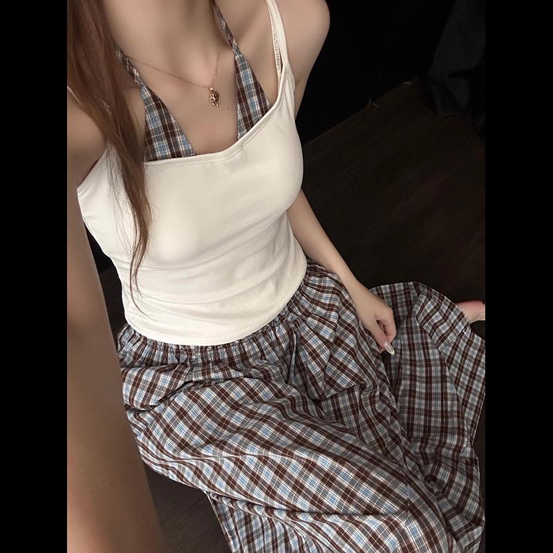 纯欲风格纹挂颈假两件带胸垫睡衣女夏款修身吊带长裤家居服两件套