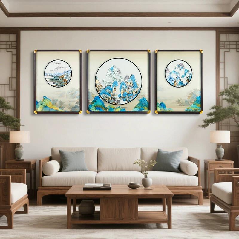 苏绣非遗千里江山图客厅适合大白墙的装饰画沙发背景墙画山水挂画
