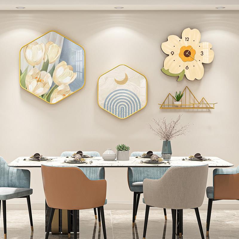 花卉轻奢餐厅装饰画现代简约饭厅钟表挂画高档客厅餐桌背景墙壁画