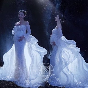 2197定制f展会新款影楼孕妇拍照摄影写真服装高级感亮片网纱礼服