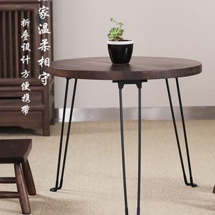 老榆木实木折叠桌家用小户型餐桌吃饭桌子简易饭桌摆摊四方桌圆桌