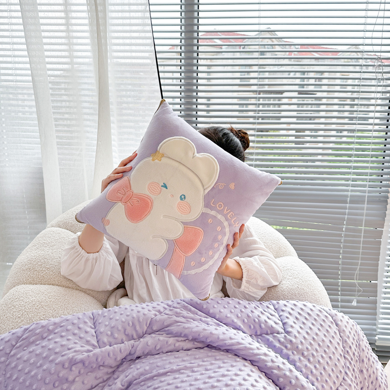 22新款加厚豆豆绒卡通贴布绣多功能抱枕被两用沙发办公室午睡被