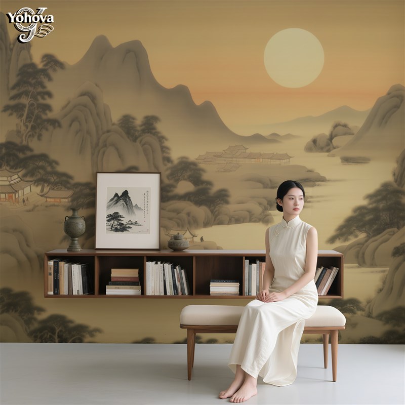 宋氏美学壁画中式风格壁布电视背景装饰墙纸山水风景墙布树船墙壁图片
