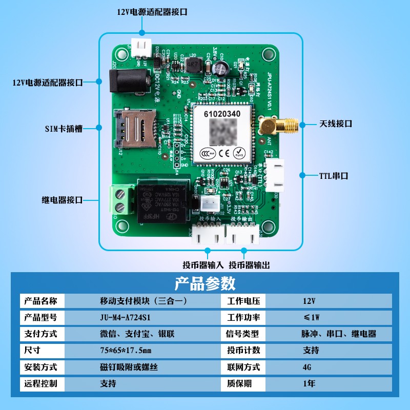 微鹏三合一云支付支付模块投币改扫码自动共享付款投币器