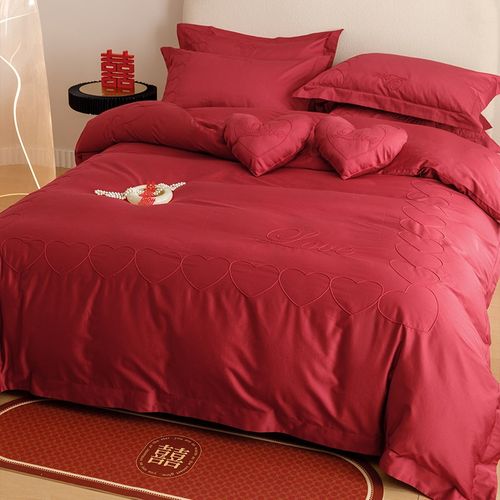 高端爱心婚庆140S长绒棉四件套纯棉全棉结婚新婚房贡缎简约床单款