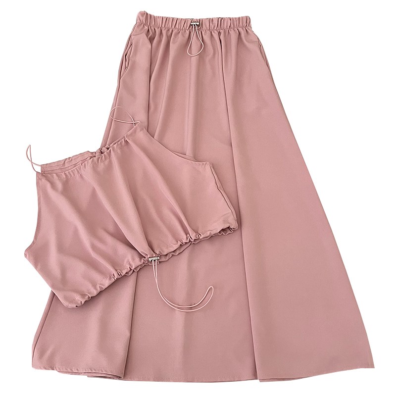 抽绳短款吊带背心上衣+松紧腰显瘦中长款半身裙两件套女夏季新款