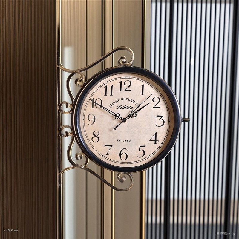 客厅挂钟简约复古双面钟表两面创意时钟挂墙静音美式艺术挂表装饰