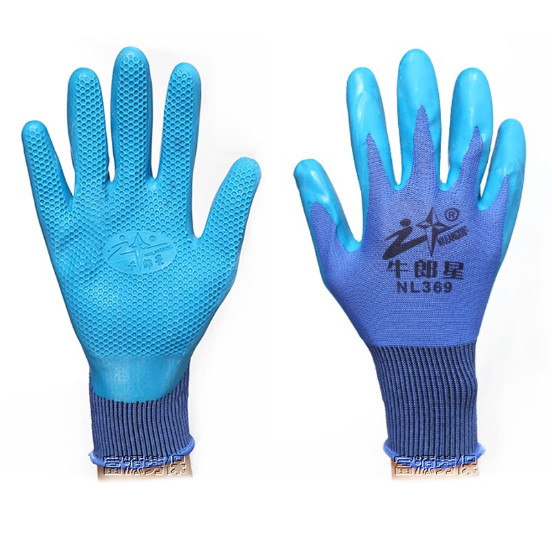 牛郎星369压纹防滑耐磨透气工地钢筋工木工挂胶劳保防护手套包邮