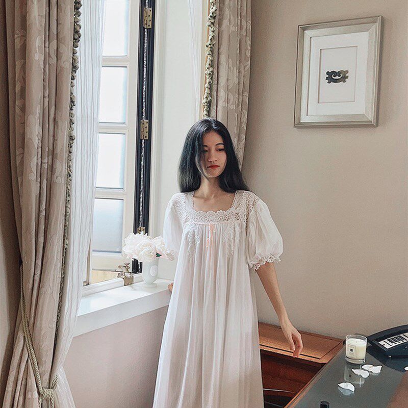 春夏季法式蕾丝睡裙薄款宫廷风长裙网红白色短袖公主风复古睡衣女