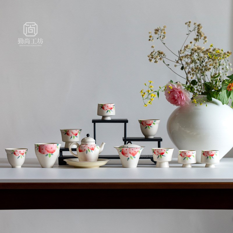 诧寂风白陶粉引手绘桃子功夫茶具单品手工粗陶泡茶壶盖碗公杯单