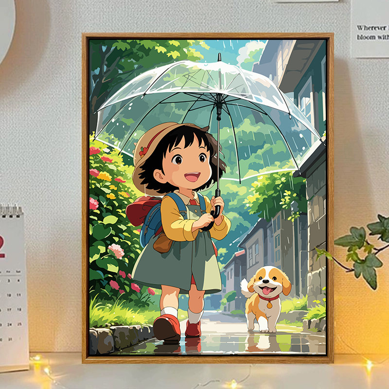 爱宫崎骏与狗数字油画心理减压填充丙烯油彩画
