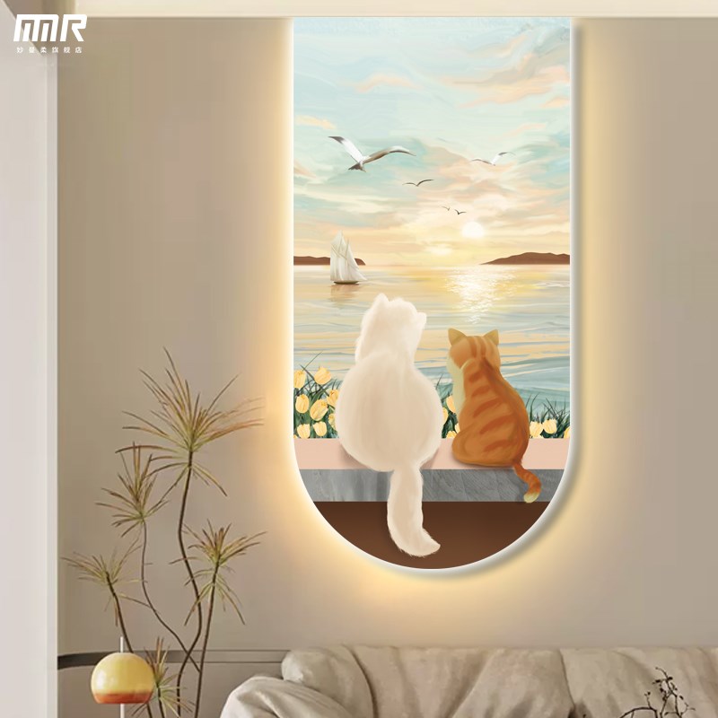 现代简约入户走廊玄关装饰画过道发光灯画壁画客厅海边猫咪无框画图片