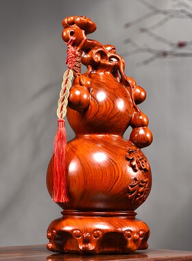 花梨木雕如意葫芦一对摆件花瓶实木客厅红木质家居中式装饰送礼品