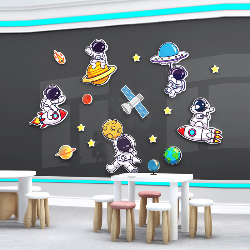 儿童房背景布置幼儿园游乐场太空人星球卡通太空人3d立体贴画装饰图片