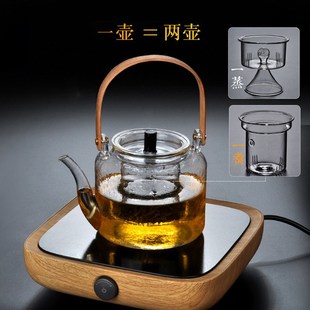 耐热玻璃竹把提i梁壶大容量蒸煮两用锤纹玻璃煮茶壶蒸茶壶电陶炉