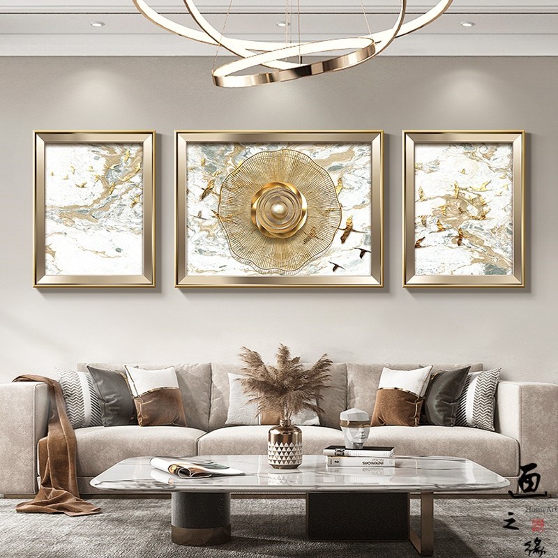意式极简客厅装饰画轻奢抽象九鱼图三联挂画立体感沙发背景墙壁画图片