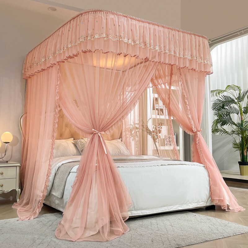 u型导轨蚊帐家用卧室2023新款公主风落地轨道伸缩纹帐1.5双层床幔