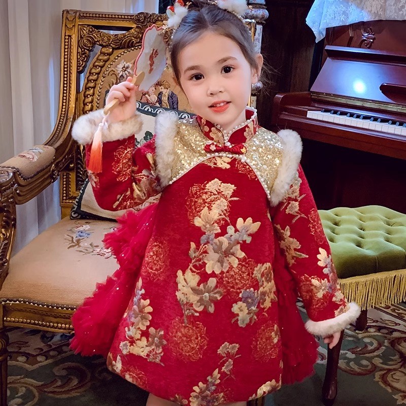 女童新中式旗袍连衣裙冬季2024新款女孩加绒长袖新年过年拜年礼服