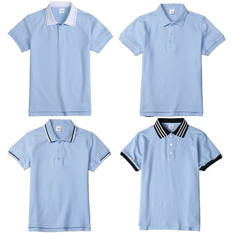 儿童t恤浅蓝色男童POLO衫带翻领女童中学小学生校服夏季蓝色短袖