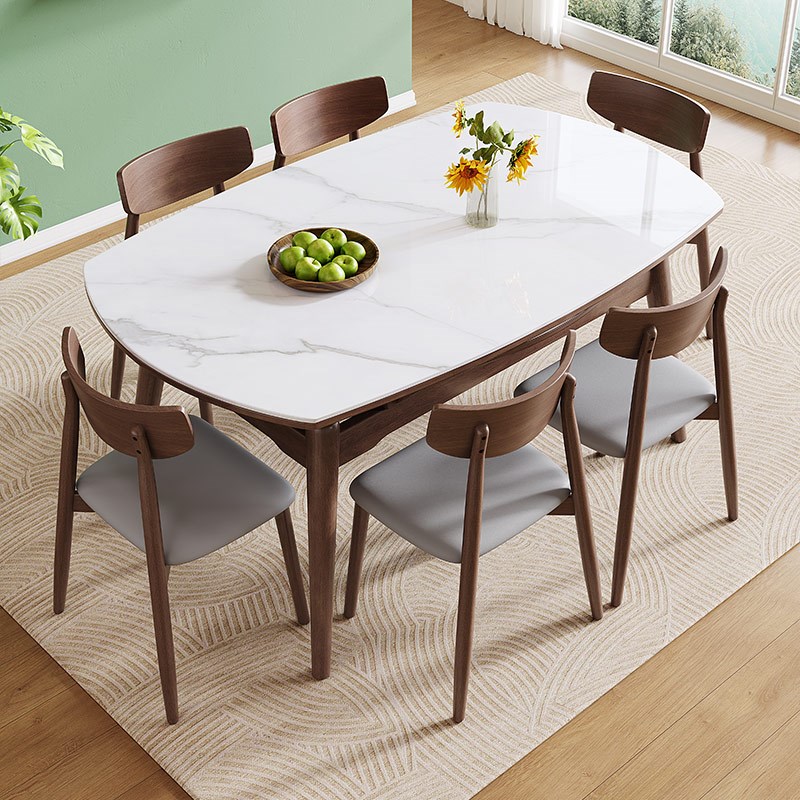 卡答黑胡桃木色12mm亮光岩板可伸缩圆餐桌实木折叠家用小户型饭桌