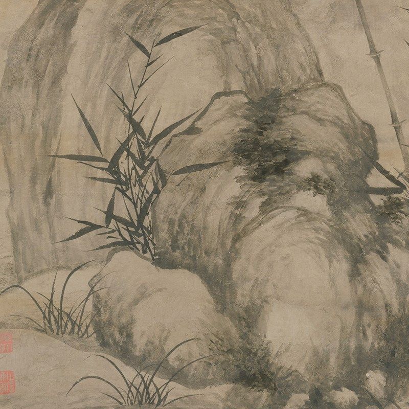 元顾安竹石图墨竹图花鸟画卷轴文人国画字画复制品仿古画中式挂画