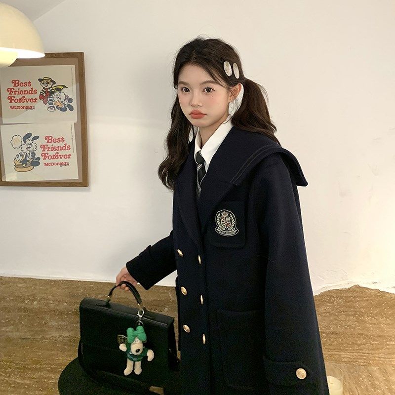 东京岁时记jk毛呢外套女2024秋冬款学院风呢子海军领夹棉大衣绀色