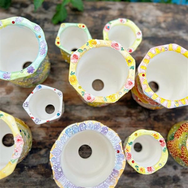 景德清新手绘濑户烧白泥透气吸水多肉拇指控型顶冠飞碟花盆口4.5