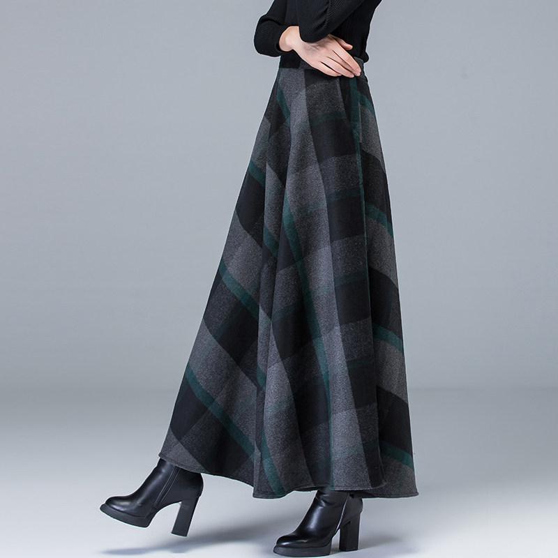 2021秋冬中长款毛呢半身裙a字裙高腰大码跳舞冬裙女大摆格子长裙