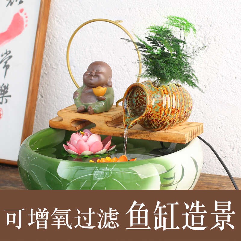 鱼缸流水装饰品古法养鱼流水陶罐增氧过水循环鱼缸造景