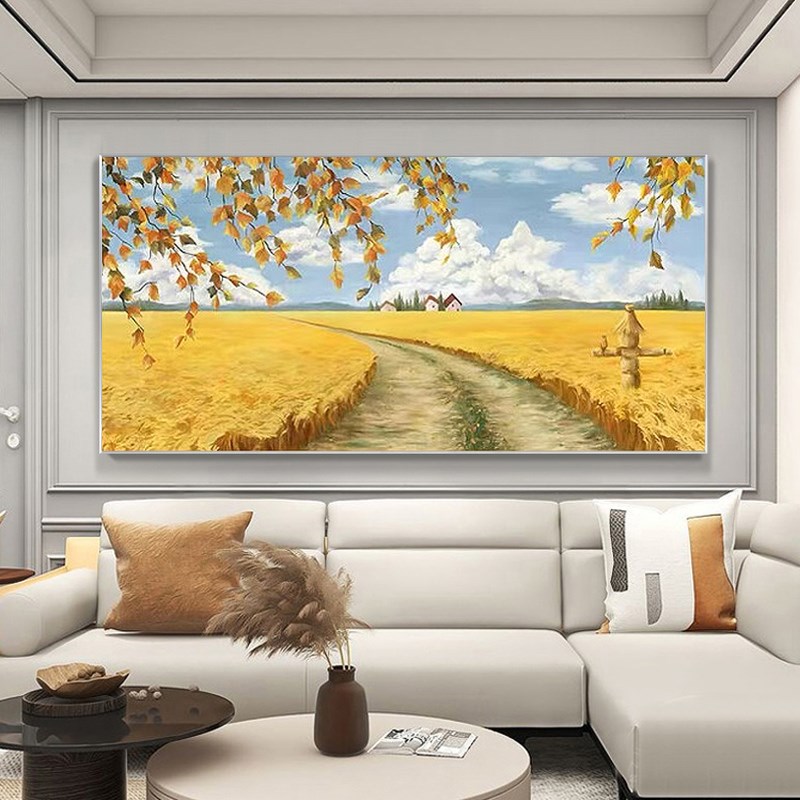 梵客厅麦田肌理画玄关丰收稻谷风景纯手绘油画大幅横装饰挂画