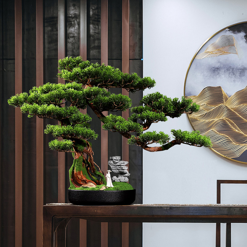 创意仿真迎客松盆景客厅桌面绿植玄关电视柜假崖柏