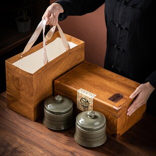 新款茶叶包装礼盒空盒陶瓷茶叶罐仿木盒高档红茶绿茶普洱送礼定制