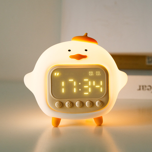 小鸭子床头小夜灯硅胶拍拍柔光卧室睡眠灯儿童充电台灯带闹钟一体